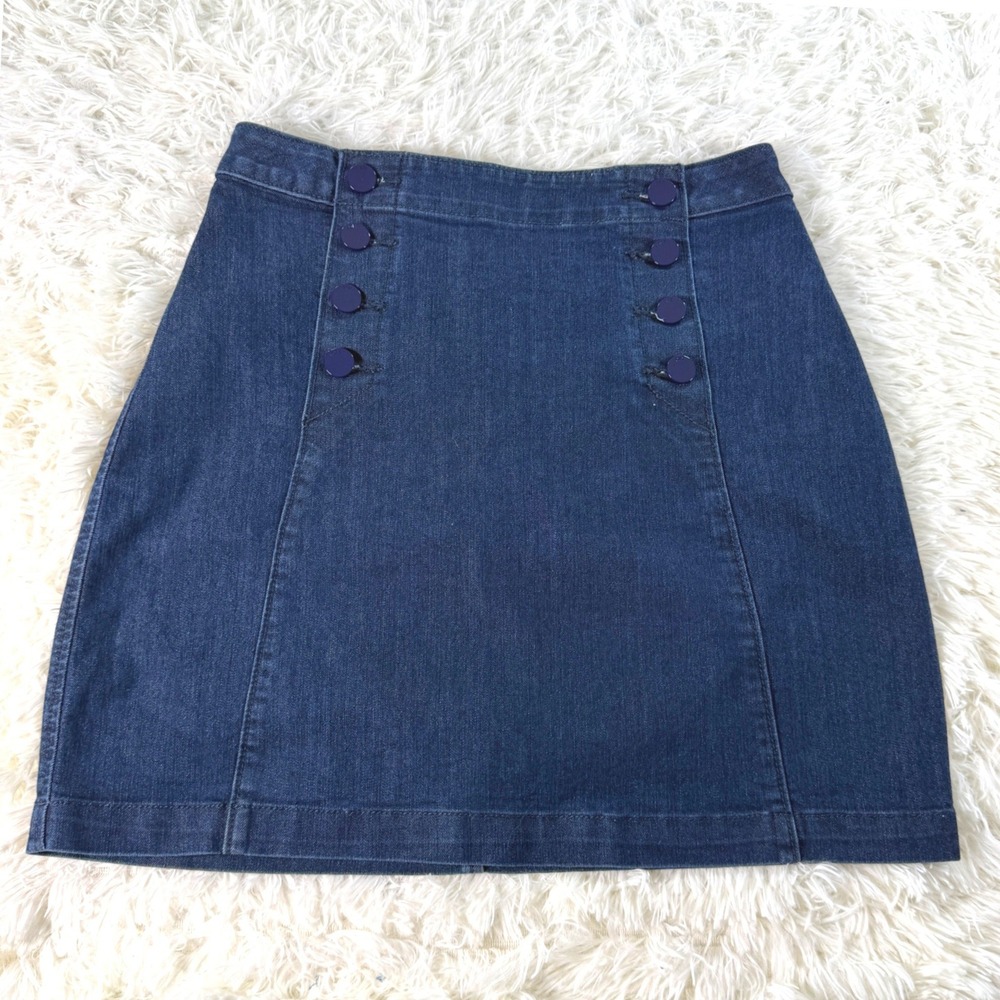 LOFT‎ Women's Dark Wash Denim Sailor Button A-Line Jean Skirt Size 2 Chic Dressy